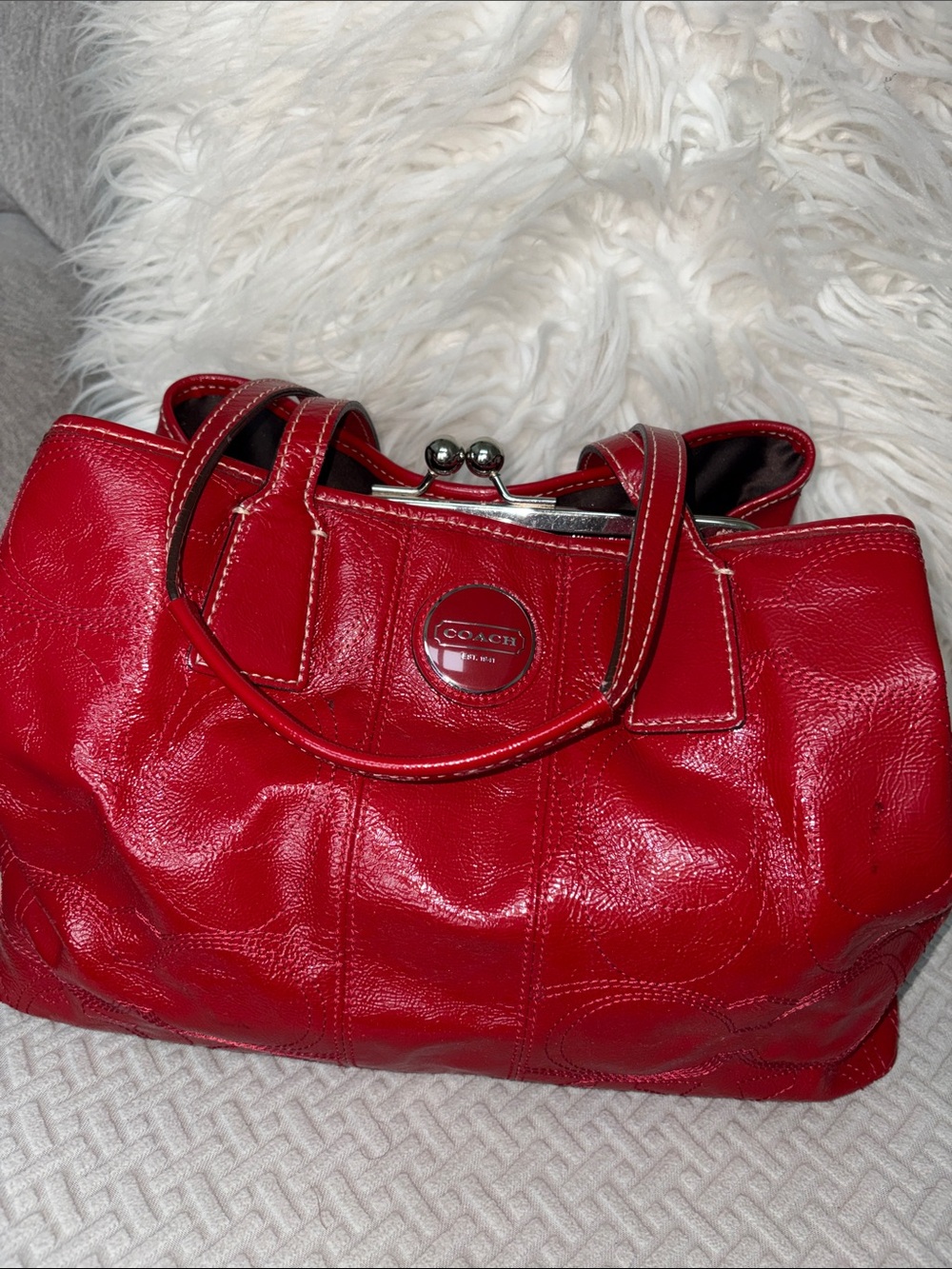 Coach Red Patent Leather Tote with Kiss-Lock Frame